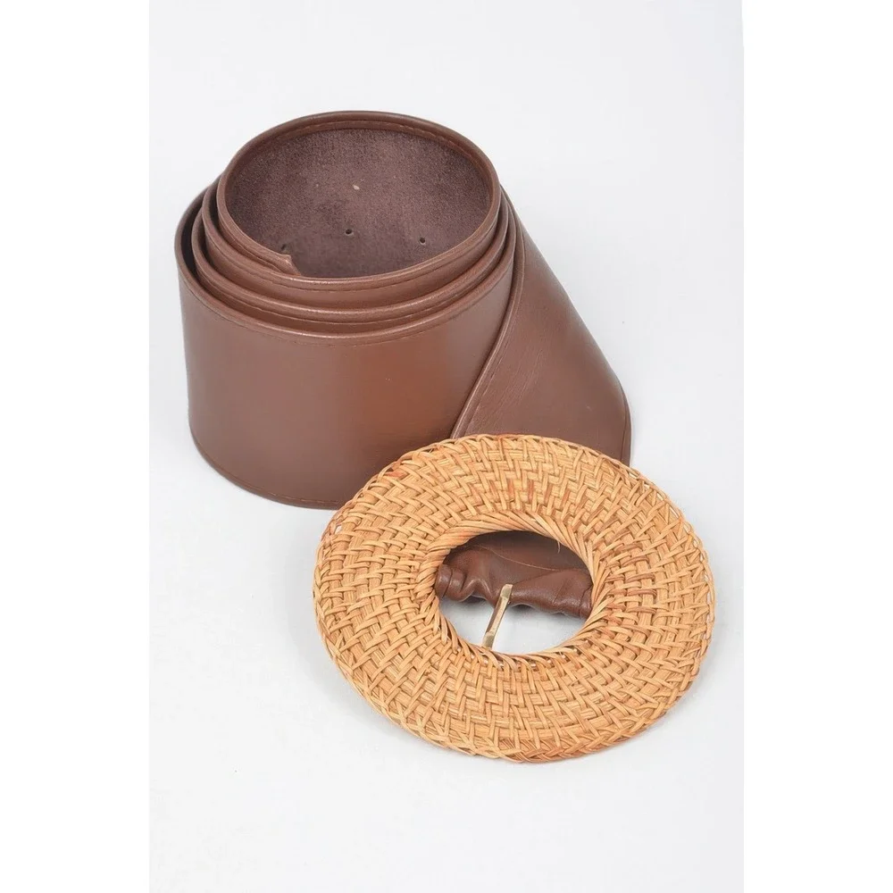 Wide Waist Belt Women OS Black Woven Straw Rattan Buckle